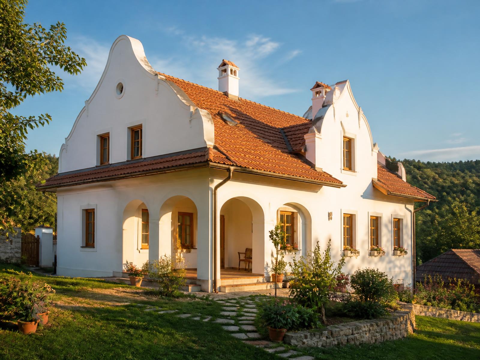Landhaus in Ungarn im Abendlicht mit Garten
